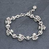 Silver beaded bracelet, 'Flying Flower' - Silver Link Bracelet with Extender Chain from Thailand