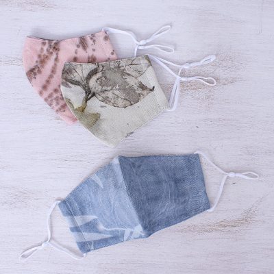 Cotton face masks, 'Nature's Smile' (set of 3) - 3 Eco-Dyed Blue-Pink-Aqua Print Cotton 3-Layer Face Masks