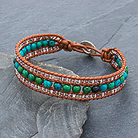 Serpentine and leather beaded wristband bracelet, 'Sidetracked' - Leather Bracelet with Serpentine and Glass Beads