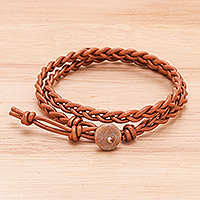 Jasper and leather wrap bracelet, 'Genuine Cool in Brown' - Braided Leather Wrap Bracelet with Jasper Button