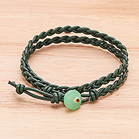 Quartz and leather wrap bracelet, 'Genuine Cool in Green' - Braided Leather Wrap Bracelet with Quartz Button