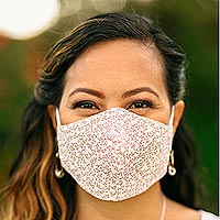 Cotton face masks, 'Rosy Dots and Posies' (set of 3) - 3 Pink-White-Sepia Print Ear Loop Cotton Face Masks Set
