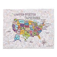 Cotton patchwork wall hanging, 'Colorful Map of The USA' - One of a Kind Patchwork Map of USA Wall Hanging