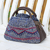 Leather-accented cotton batik handbag, 'Hmong Highlands' - Hmong Style Batik Handbag with Leather Trim