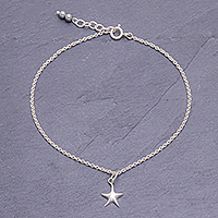 Sterling silver charm anklet, 'Sea Starfish' - Sterling Silver Starfish Hematite Ankle Bracelet