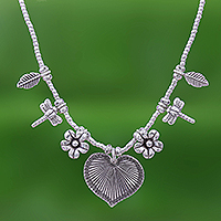 Silver pendant necklace, 'Heart Garden' - 950 Silver Heart Necklace Garden Charm
