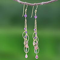 Gold plated tourmaline and amethyst waterfall earrings, 'Chiang Mai Rainbow' - Amethyst and Tourmaline Waterfall Earrings