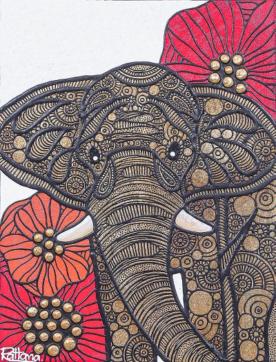 'Elephant Thailand' - Elephant and Flower Painting from Thai Artist