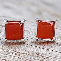 Carnelian stud earrings, 'Good Luck Charm in Orange' - Thai Hand Made Sterling Silver Carnelian Stud Earrings