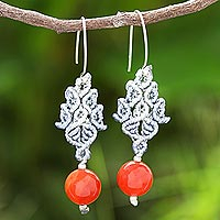 Chalcedony bead dangle earrings, 'Smooth Sunset' - Hand-Knotted Polyester Cord and Chalcedony Dangle Earrings