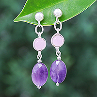 Amethyst and rose quartz dangle earrings, 'Lilac Season' - Rose Quartz and Faceted Amethyst Post Dangle Earrings