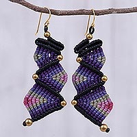 Macrame dangle earrings, 'Zigzag Dream in Purple' - Zigzag Pattern Macrame Dangle Earrings in Purple