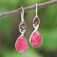 Sillimanite and garnet dangle earrings, 'The Many Facets of Love' - Sterling Silver Pear-Shaped Sillimanite and Garnet Earrings