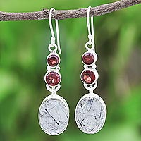 Tourmalinated quartz and garnet dangle earrings, 'Asterism in Grey' - Tourmalinated Quartz and Garnet Sterling Silver Earrings