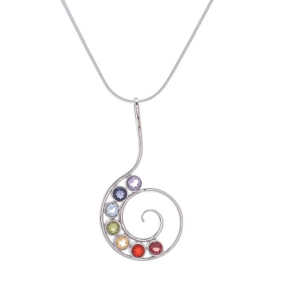 Multi-gemstone pendant necklace, 'Spiral Peace' - Bezel Set Multi-Gemstone Spiral Chakra Pendant Necklace