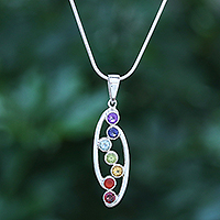 Multi-gemstone pendant necklace, 'Mindful Delight' - Faceted Multi-Gemstone Chakra Rainbow Pendant Necklace