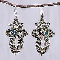 Macrame beaded dangle earrings, 'Morning Boho in Green' - Hand Made Macrame Bohemian Dangle Earrings