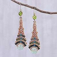 Beaded quartz dangle earrings, 'Raindrop in Green' - Quartz Macrame Beaded Dangle Earrings