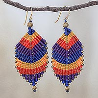 Macrame dangle earrings, 'Boho Leaves in Jewel Tones' - Jewel Tone Leaf Waxed Cord Macrame Dangle Earrings