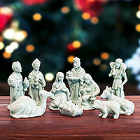 Celadon ceramic nativity scene, 'Holy Night in Green' (10 pieces) - Green Celadon Ceramic 10-Piece Nativity Scene