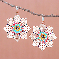 Glass beaded dangle earrings, 'Floral Geometry in Cream' - Glass Seed Bead Geometric Floral Dangle Earrings