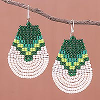 Glass beaded dangle earrings, 'Thai Moon in Green' - Green and Cream Glass Beaded Dangle Earrings