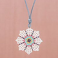 Beaded pendant necklace, 'Eight Petals in White' - Hand Strung Glass Beaded Pendant Necklace
