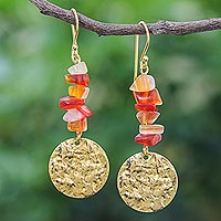 Carnelian dangle earrings, 'Golden Coin in Orange' - Natural Carnelian Chip and Brass Coin Dangle Earrings