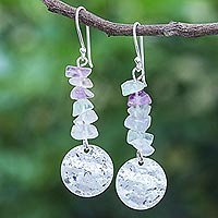 Hand Crafted Fluorite and Sterling Silver Dangle Earrings,'Shining Moon in Purple'