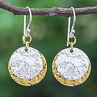 Sterling silver plated and brass dangle earrings, 'Gold and Silver Coin' - Handmade Sterling Silver Plated and Brass Dangle Earrings