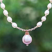 Rose gold-plated cultured pearl necklace, 'Juicy Peach' - Handmade Cultured Pearl and Gold-Plated Pendant Necklace