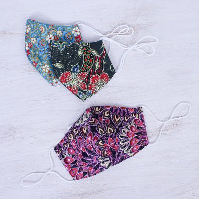 Cotton face masks, 'Thai Flowers' (set of 3) - Colorful Three-Layer Cotton Face Masks (Set of 3)