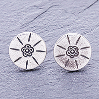 Silver stud earrings, 'Early to Rise' - Thai Handmade Karen Silver Flower Stud Earrings