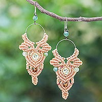 Agate beaded macrame dangle earrings, 'Boho Party in Beige' - Beige Macrame Cord Dangle Earrings with Agate Beads
