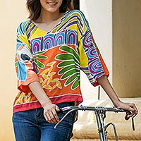 Cotton batik blouse, 'Beach Party' - Tropical Patterned Cotton Batik Blouse from Thailand