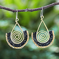 Glass bead and brass wire dangle earrings, 'Spiral Fan in Black' - Black and Gold Glass Bead Spiral Dangle Earrings