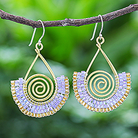 Glass bead and brass wire dangle earrings, 'Spiral Fan in Lavender' - Lavender and Gold Glass Bead Spiral Dangle Earrings