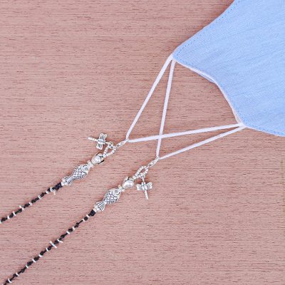 Silver beaded face mask lanyard, Cool Customer in Black