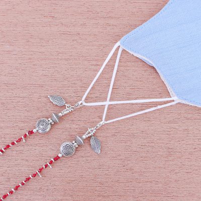 Silver beaded face mask lanyard, Cool Customer in Red