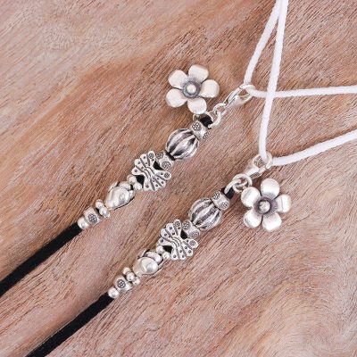 Silver beaded face mask lanyard, 'Garden Walk' - Handmade Silver Charm Face Mask Lanyard