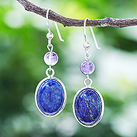 Lapis lazuli dangle earrings, 'Universe in Blue' - Lapis Lazuli and Amethyst Bead Dangle Earrings