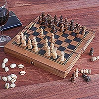 Travel chess and backgammon set, 'Two for One' - Handmade Raintree Wood Chess and Backgammon Game
