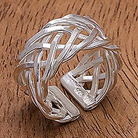 Sterling silver band ring, 'Every Breath' - Handmade Sterling Silver Woven Band Ring
