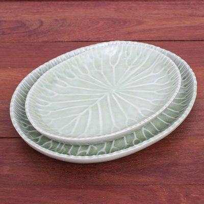 Celadon ceramic plates, Cool Lotus (pair)