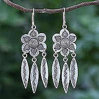Sterling silver dangle earrings, 'Tribal Forest' - Hand Crafted Sterling Silver Floral Dangle Earrings