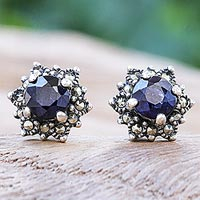 Sapphire and marcasite stud earrings, 'Firefly in Blue' - Hand Crafted Sapphire and Marcasite Stud Earrings