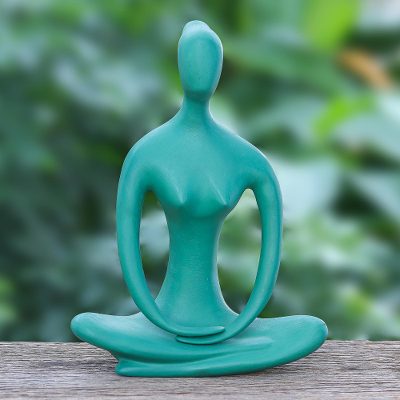 Brass sculpture, 'Morning Meditation in Green' - Hand Painted Brass Mediation Sculpture from Thailand