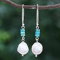 Cultured pearl dangle earrings, 'Sea Realm' - Cultured Pearl and Sterling Silver Dangle Earrings