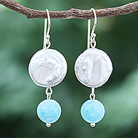 Cultured pearl and quartz dangle earrings, 'Blue Candy Sea' - Cultured Freshwater Pearl and Quartz Dangle Earrings