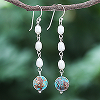Cultured pearl and jasper dangle earrings, 'Sea Siren' - Cultured Freshwater Pearl and Jasper Dangle Earrings